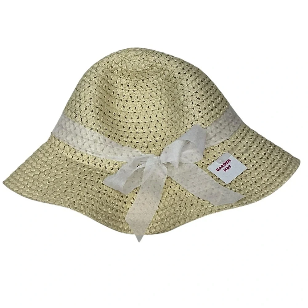 Straw Sun Garden Beach Hat Floppy Wide Brim White Ribbon Neutral Yellow Women OS - Picture 7 of 16